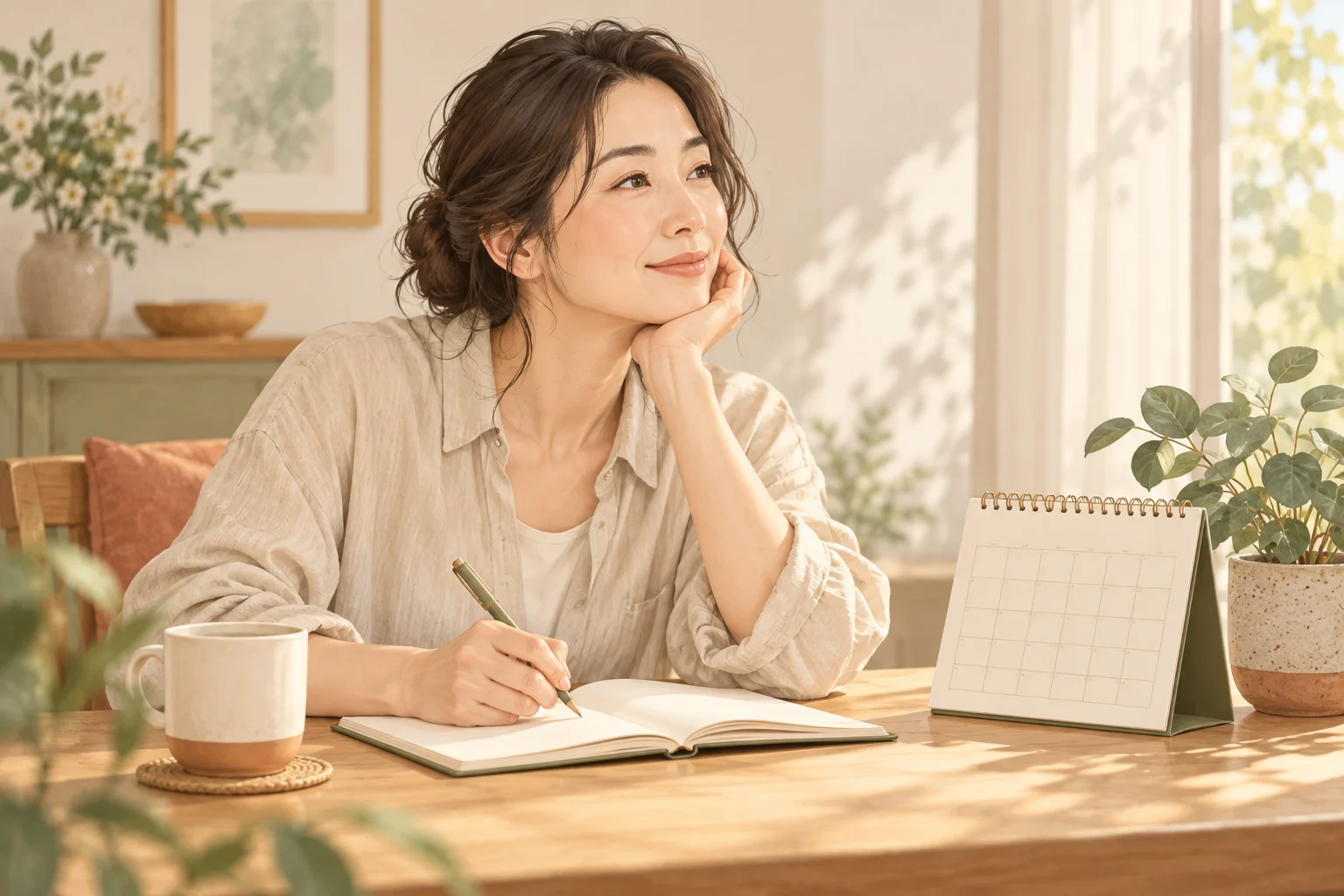 カレンダーと体調記録を見ながら過ごす成人女性のイメージ