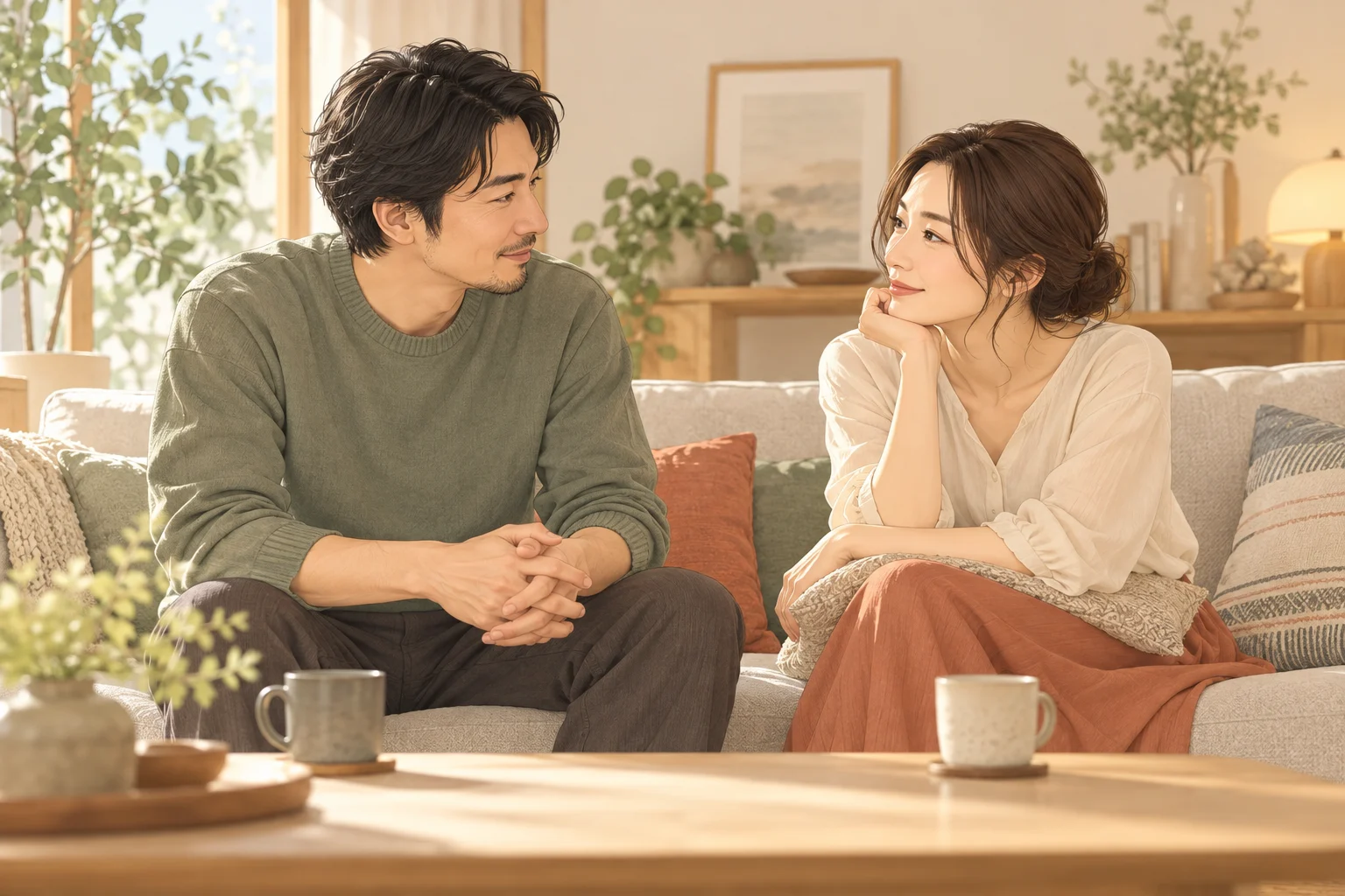 互いの話に耳を傾ける成人カップルのイメージ