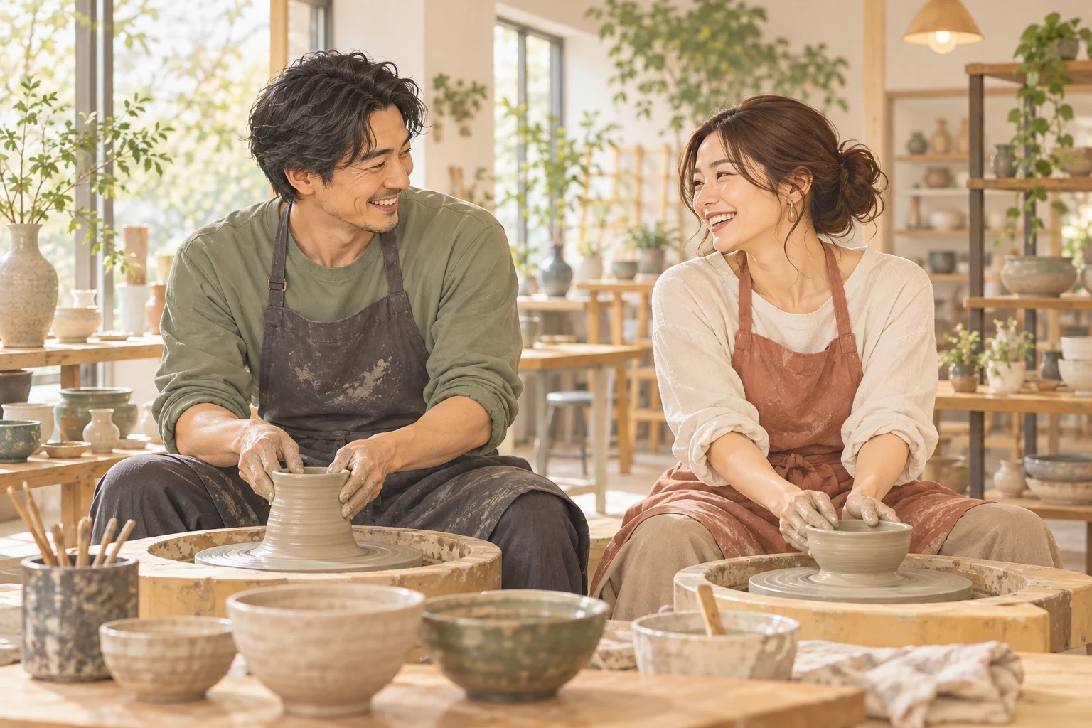 陶芸を一緒に楽しむ成人カップルのイメージ