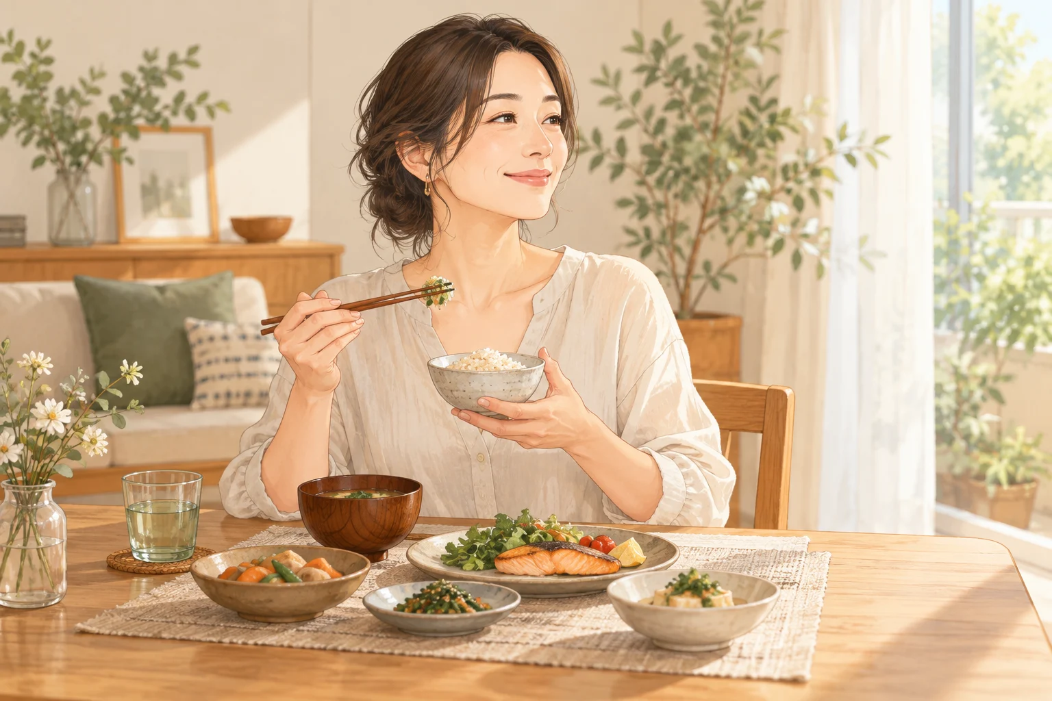 落ち着いた食卓で食事を楽しむ成人女性のイメージ