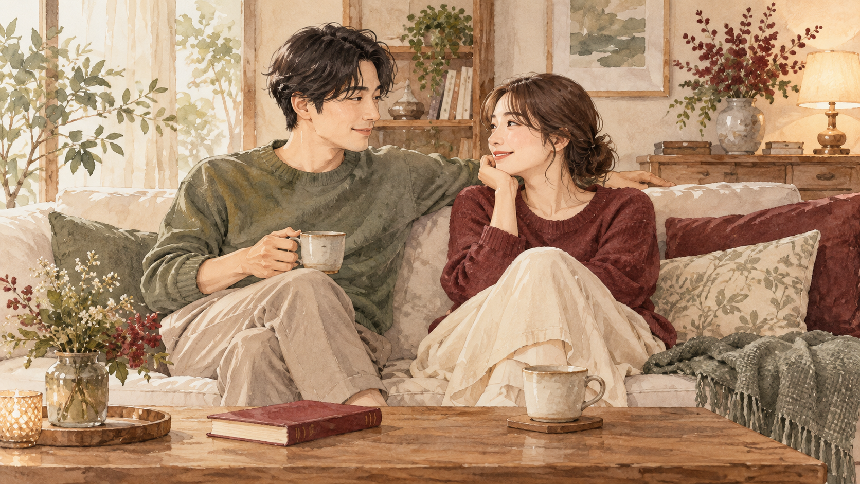 穏やかな部屋で会話を楽しむ成人カップル